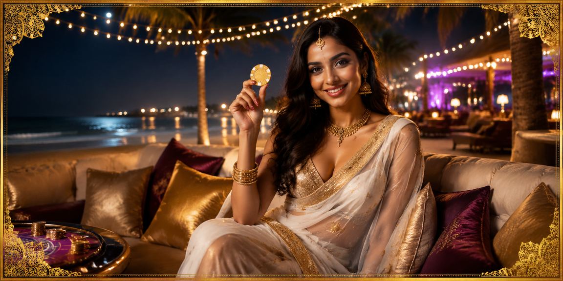 Indian woman enjoying betting on mobile device in colorful setting
