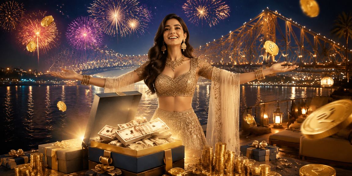 Festive Teen Patti gameplay in Kolkata with iconic Howrah Bridge in view